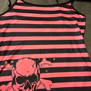 Skull & Bones Pink/Black Striped Skull Camisole Top Goth Emo Biker Style medium